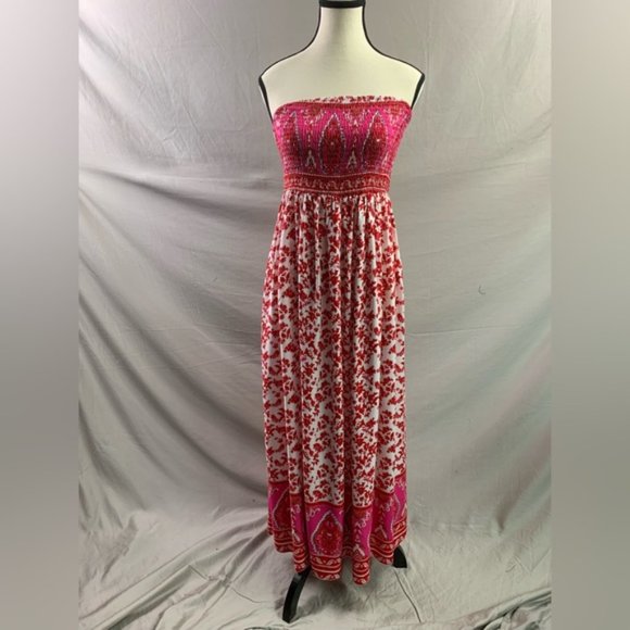 Red/Pink  Boho Floral Print Tube Dress - Picture 8 of 9